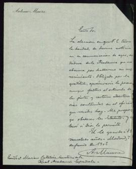 Carta de A[ntonio] Maura al secretario, Mariano Catalina, de agradecimiento a la Academia por su ...
