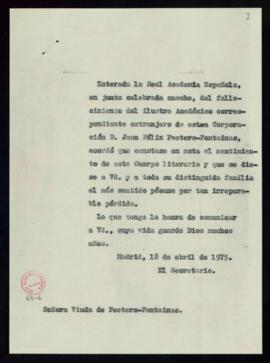 Copia del oficio de pésame del secretario a la viuda de Peeters-Fontainas