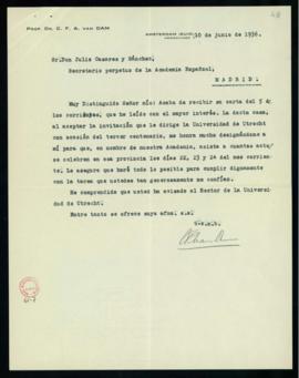 Carta de C. F. Adolf van Dam a Julio Casares en la que acepta su designación como representante d...
