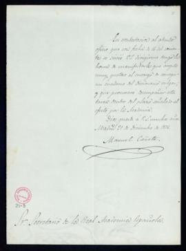 Carta de Manuel Cañete al secretario [Manuel Tamayo y Baus] en la que acepta el encargo de correg...