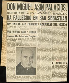 Recorte del diario Informaciones con la noticia Don Miguel Asín Palacios, director de la Real Aca...