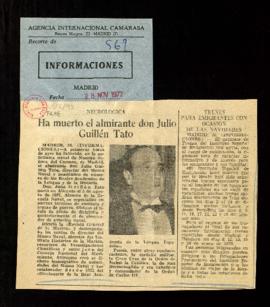 Recorte del diario Informaciones con la noticia titulada Ha muerto el almirante don Julio Guillén...