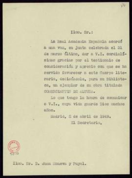 Copia sin firma del oficio del secretario [Julio Casares] a Juan Moneva de traslado del agradecim...
