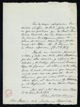 Carta de Pedro Ant[oni]o de Alarcón al secretario [Manuel Tamayo y Baus] en la que acusa recibo d...