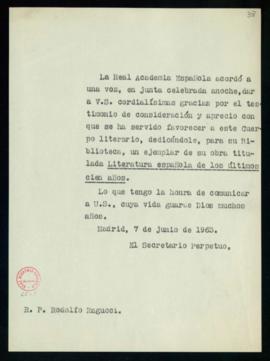 Copia sin firma del oficio del secretario a Rodolfo M. Ragucci de traslado del agradecimiento de ...
