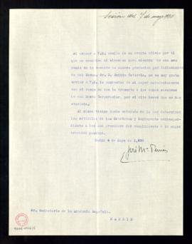 Carta de José María Pemán al secretario [Julio Casares] en la que acusa recibo de su nombramiento...