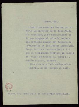 Copia sin firma del oficio del director [Francisco Rodríguez Marín] al presidente de las Cortes d...