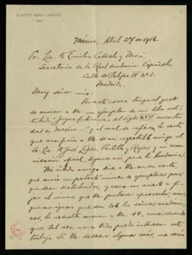 Carta de Alberto Carreño a Emilio Cotarelo que acompaña el envío, a la Academia, de diez ejemplar...