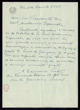 Carta de Antonio Carneiro Leão al secretario en la que acusa el recibo del Boletín de la Real Aca...