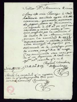 Carta de Rafael Sánchez de Aguilera a Mauricio de Cano sobre la recepción de 40 resmas de papel p...