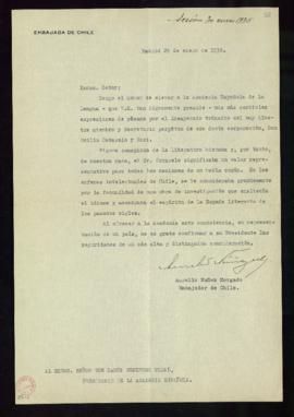 Carta de pésame del embajador de Chile en Madrid, Aurelio Núñez Morgado, al director, Ramón Menén...