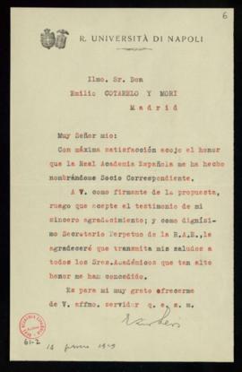 Carta de Ezio Levi a Emilio Cotarelo en la que acepta su nombramiento como académico correspondie...