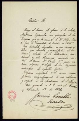 Carta de Fermín Canella Secades con la que remite a la Academia un ejemplar de las Exequias que e...