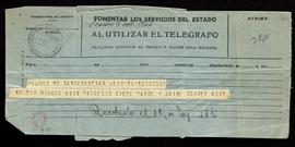 Telegrama de Jaime Oliver Asín con la noticia del fallecimiento de su tío Miguel Asín