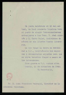 Copia sin firma del oficio del secretario a Juan Francisco Bedregal, director de la Academia Boli...