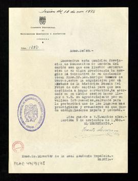 Oficio de Vicente Serrano, secretario de la Comisión provincial de Monumentos Históricos y Artíst...