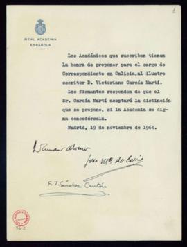 Propuesta de Victoriano García Martí como académico correspondiente en Galicia