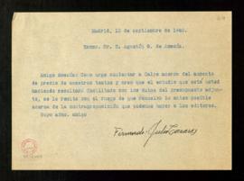 Copia de la carta de Julio Casares a Agustín G. de Amezúa a la que adjunta un presupuesto que le ...