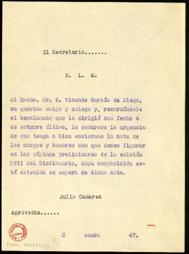 Copia del besalamano de Julio Casares a Vicente García de Diego en la que le recuerda que tiene q...
