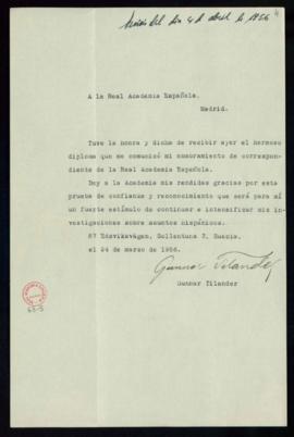 Carta de Gunnar Tilander a la Real Academia Española en la que acusa recibo del diploma que le co...