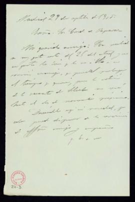 Minuta de la carta del secretario [Mariano Catalina] al conde de Reparaz en la que le comunica qu...