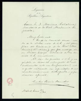 Carta de Carlos María Ocantos a Mariano Catalina en la que acusa recibo del ejemplar de la 13.ª e...
