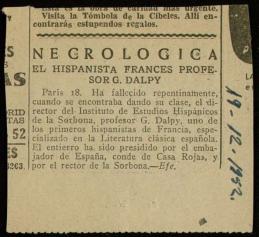 Recorte de prensa con una necrológica del hispanista francés profesor G. Delpy