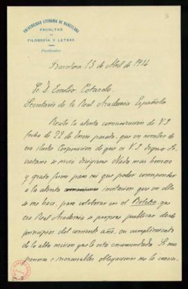 Carta de Antonio Rubió y Lluch a Emilio Cotarelo, secretario, en la que acusa recibo de su invita...