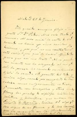 Carta de Juan Valera a Pedro Antonio de Alarcón en la que comenta la necesidad que tiene la Revis...