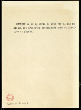 Carpetilla rotulada Decreto de 18 de abril de 1947 por el que se dictan los preceptos estatutario...