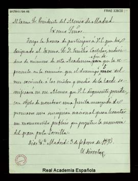 Minuta de la carta del director, conde de Cheste, al presidente del Ateneo de Madrid [Gumersindo ...