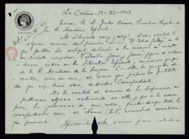Carta de Narciso Correal a Julio Casares en la que expresa su deseo de que haya recibido un ejemp...
