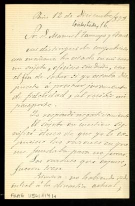 Carta de Roque Barcia a Manuel Tamayo y Baus en la que le dice que ha estado en su casa un sujeto...