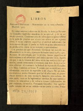 Fernando González. Manantiales en la ruta. Poesías. Madrid, 1923