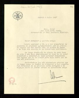 Carta del duque de Alba a José María Pemán en la que expresa su agradecimiento por el regalo y la...