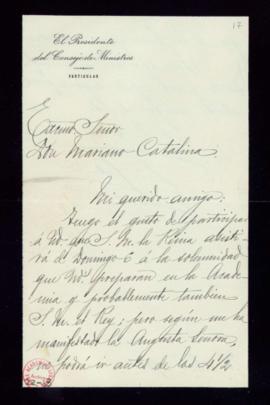 Carta de Fran[cisco] Silvela, presidente del Consejo de Ministros, a Mariano Catalina, secretario...