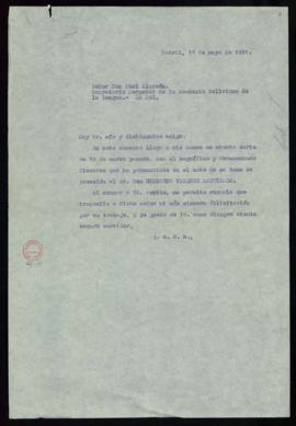 Minuta de la carta del secretario a Abel Alarcón de acuse de recibo del discurso de ingreso en la...