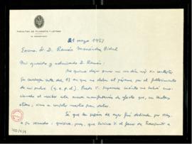 Carta de Manuel Fernández-Galiano, secretario de la Facultad de Filosofía y Letras, a Ramón Menén...