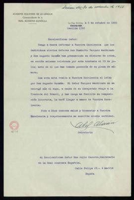 Carta de Abel Alarcón a Julio Casares en la que le informa de que Humberto Vázquez Machicado y Au...