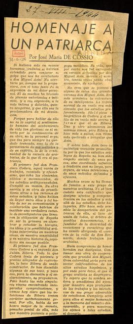 Recorte del diario Arriba con el artículo de José María de Cossío Homenaje a un patriarca