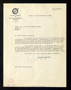 Carta de Pedro Gómez Aparicio, presidente de la Federación Nacional de Asociaciones de la Prensa ...