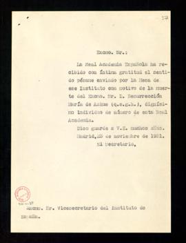 Copia sin firma del oficio del secretario al vicesecretario del Instituto de España de gratitud p...
