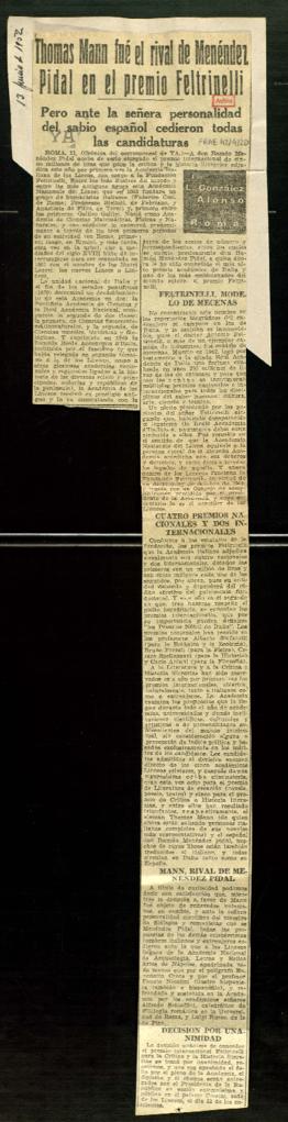 Recorte del diario Ya con el artículo Thomas Mann fue el rival de Menéndez Pidal en el Premio Fel...