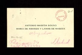 Tarjeta de visita de Antonio Maseda Bouso y María de Arango y Lamas de Maseda
