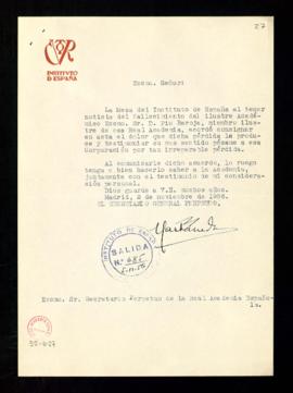 Carta del secretario general perpetuo del Instituto de España, Vicente Castañeda, al secretario e...