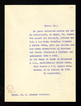 Copia sin firma del oficio del secretario a Armando Cotarelo de traslado de su designación como m...