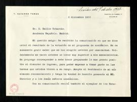 Carta de Tomás Navarro Tomás a Emilio Cotarelo en la que agradece su elección como académico y ac...