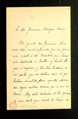 Carta de Antonio Alcalá Venceslada a Francisco Rodríguez Marín en la que le dice que ha recibido ...