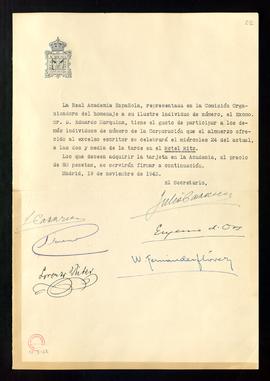 Consulta del secretario, Julio Casares, a los académicos sobre su asistencia al homenaje a Eduard...