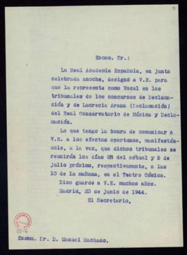 Copia sin firma del oficio del secretario a Manuel Machado de su designación como vocal en los tr...
